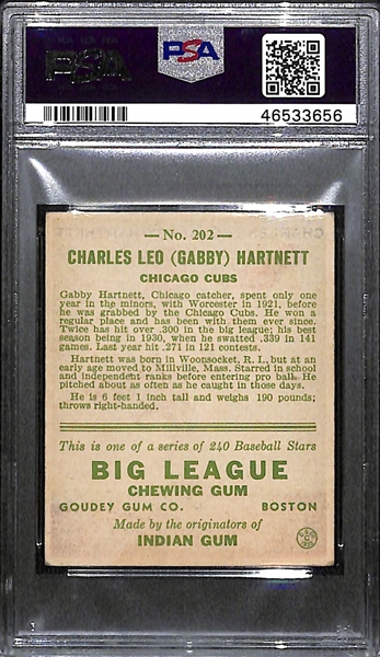 1933 Goudey Gabby Hartnett (HOF) #202 PSA 4 (Autograph Grade 8) - Pop 1 (Highest Grade of 6 PSA Examples!), d. 1972