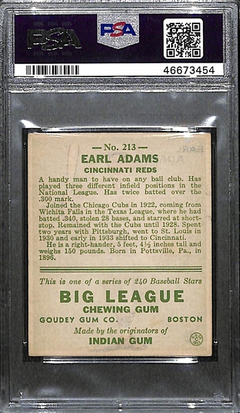 1933 Goudey Earl Sparky Adams #213 PSA 5 (Autograph Grade 6) - Pop 1 (Highest Grade of 7 PSA Examples!), d. 1989