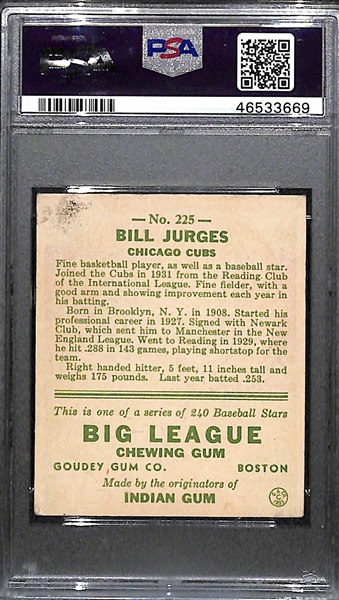 1933 Goudey Bill Jurges #225 PSA 4 MC (Autograph Grade 7) - None Graded Higher, d. 1997