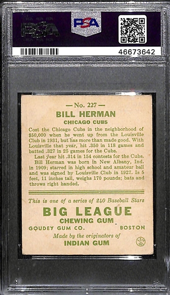 1933 Goudey Billy Herman (HOF) #227 PSA 4 (Autograph Grade 8), Pop 2 (Only 2 of 11 Examples Graded Higher) d. 1992