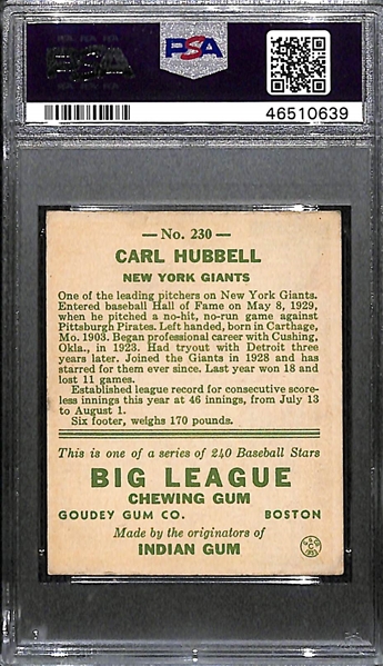 1933 Goudey Carl Hubbell (HOF) #230 PSA 4.5 (Autograph Grade 7) - Only 1 Graded Higher! d. 1988