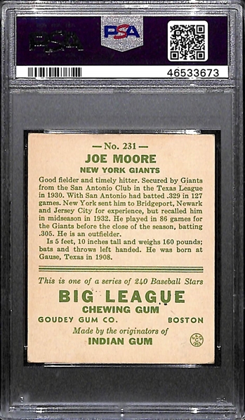 1933 Goudey Joe Jo Jo Moore #231 PSA 4.5 (Autograph Grade 7), d. 2001