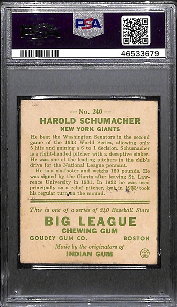 1933 Goudey Hal Schumacher #240 PSA 2 (Autograph Grade 6) - Pop 2 None Graded Higher of 9 Examples! d. 1993