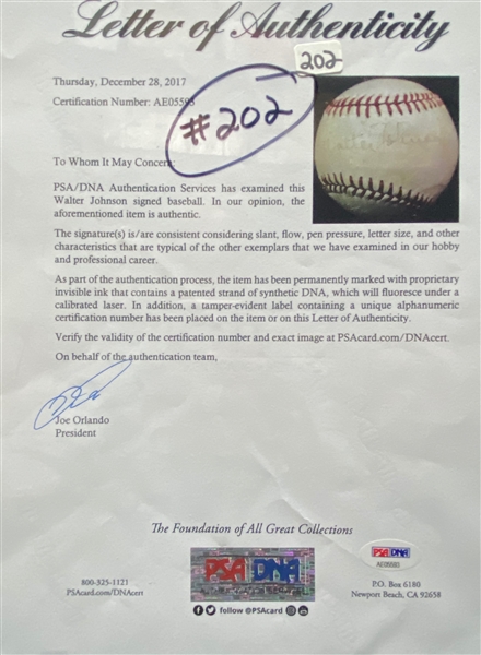 Walter Johnson Single-Signed Baseball on Sweet Spot - PSA/DNA LOA