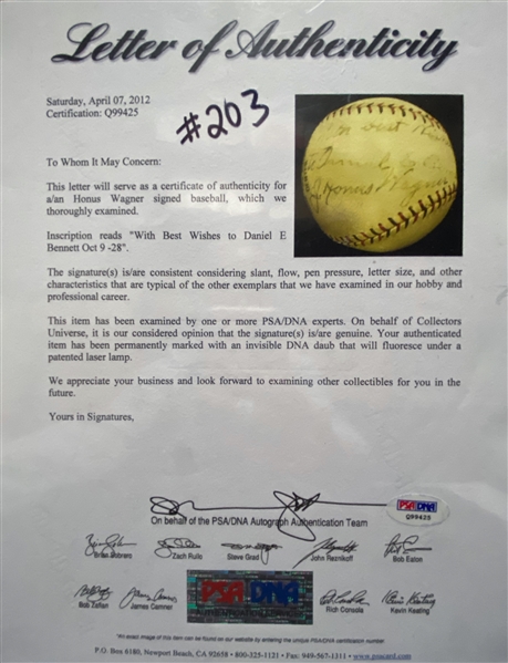 Honus Wagner Single-Signed Baseball on a 1920s Honus Wagner Brand Official League Baseball (Inscribed w/ Oct 9 - 28) - Full PSA/DNA LOA