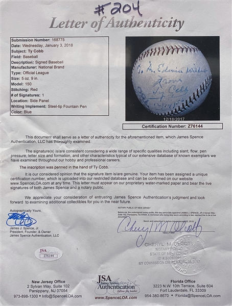 Ty Cobb Single-Signed Baseball (JSA LOA) on National Brand Official League Baseball 