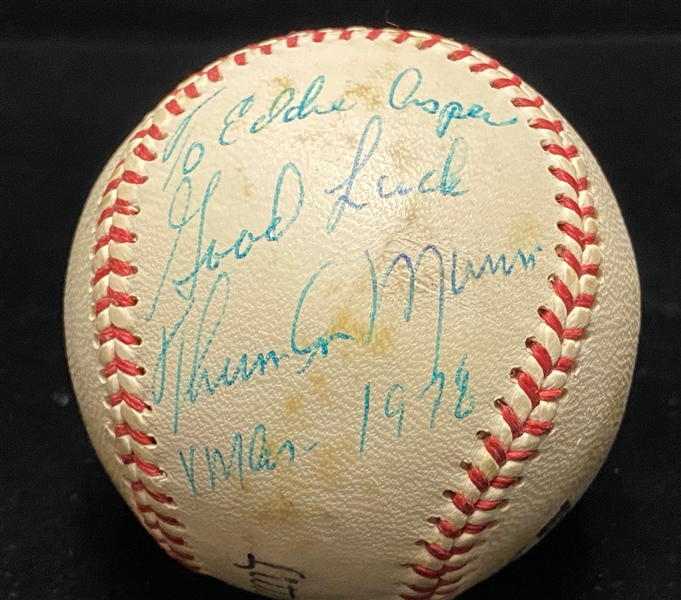 Thurman Munson Single-Signed Wilson Little League Baseball w/ JSA LOA , Inscribed To Eddie Asper, Good Luck, Xmas - 1978