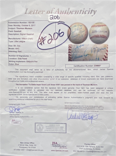 Thurman Munson Single-Signed Wilson Little League Baseball w/ JSA LOA , Inscribed To Eddie Asper, Good Luck, Xmas - 1978