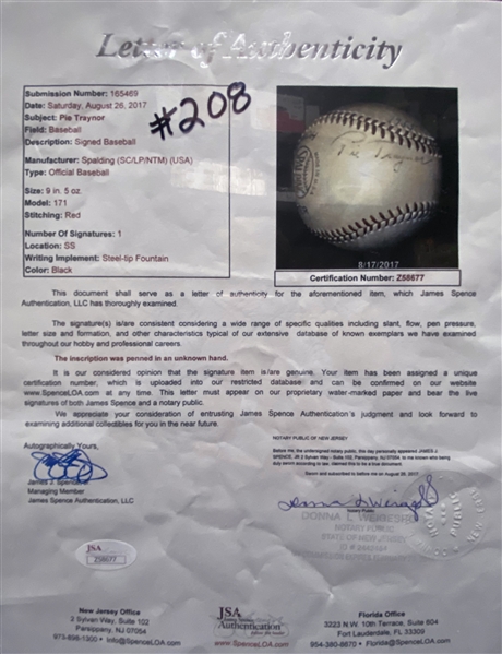Pie Traynor Single-Signed Spalding Official Baseball (Near Sweet Spot) - JSA LOA