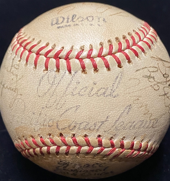 Joe DiMaggio Signed Pacific Coast League Baseball - 18 Autographs w. DiMaggio, Pee Wee Reese, Red Ruffing, Hugh Casey, Virgil Trucks, Johnny Mize, Joe Gordon, McCosky, +