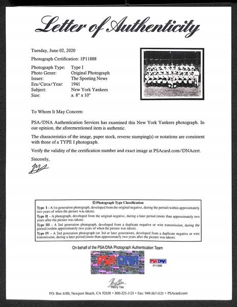 Original c. 1941 WS Champion New York Yankees Sporting News Type 1 Photo  (8x10) - PSA/DNA Letter of Authenticity