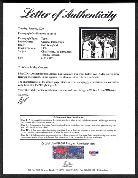 Original c. 1960 Joe DiMaggio, C. Keller, & T. Henrich Type 1 Photo  (8x10) by Don Wingfield - PSA/DNA Letter of Authenticity