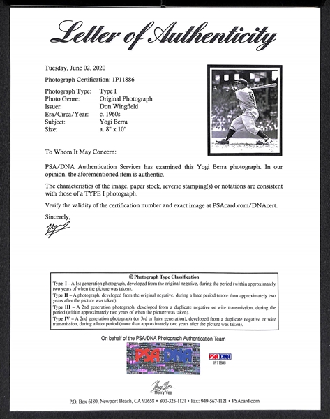 Original c. 1960s Yogi Berra Type 1 Photo  (8x10) by Don Wingfield - PSA/DNA Letter of Authenticity