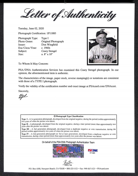 Original c. 1960s Casey Stengel Type 1 Photo  (8x10) by Don Wingfield - PSA/DNA Letter of Authenticity