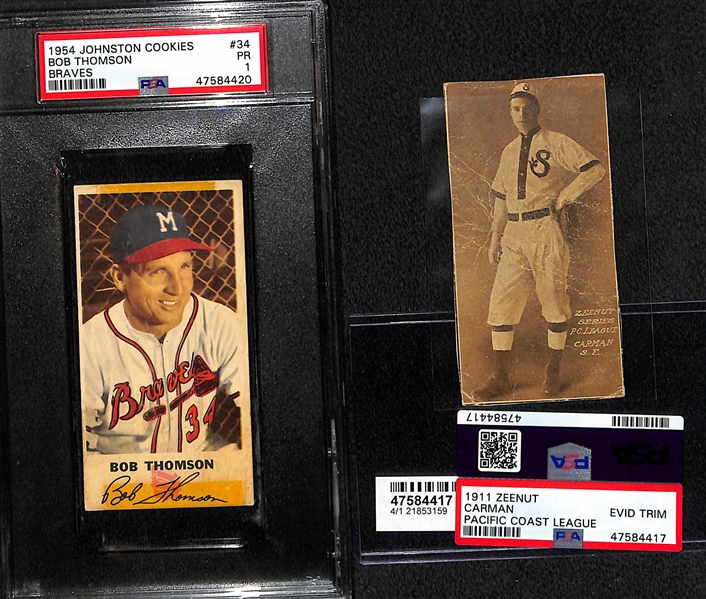 1954 Johnston Cookies Bob Thomson (PSA 1) and 1911 Zeenut PCL Carman (Trimmed)