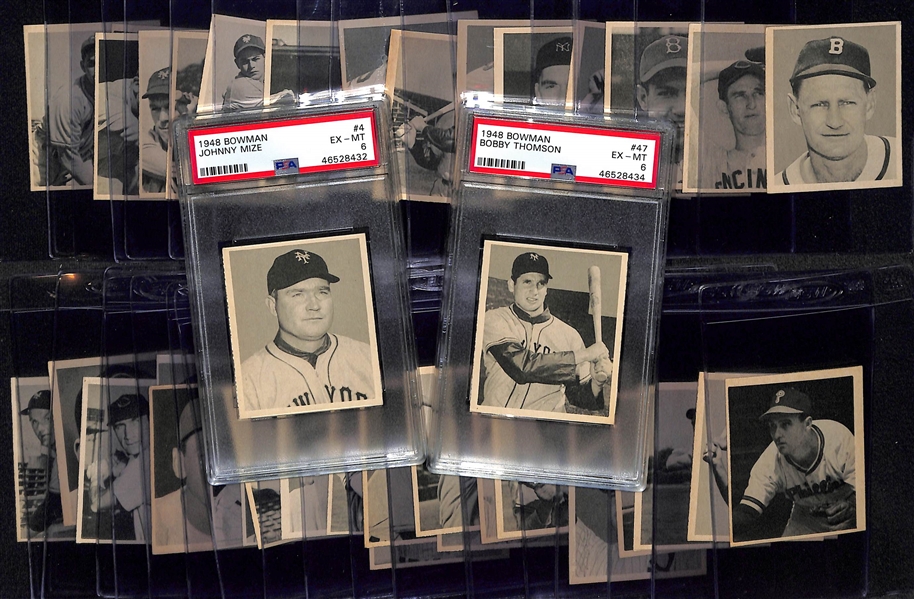 1948 Bowman Baseball Card Near Complete Set (Missing 8 Cards Above) Mostly Moderate to High Grade - Inc. Jonny Mize PSA 6, Bobby Thomson PSA 6 (40 of 48 Cards)