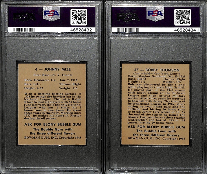 1948 Bowman Baseball Card Near Complete Set (Missing 8 Cards Above) Mostly Moderate to High Grade - Inc. Jonny Mize PSA 6, Bobby Thomson PSA 6 (40 of 48 Cards)