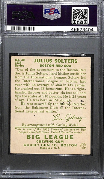 1934 Goudey Julius Solters #30 PSA 4 MK (Autograph Grade 8) - None Graded Higher (Pop 2) - Only 4 PSA Exist! d.1975