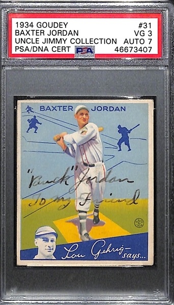 1934 Goudey Baxter Buck Jordan #31 PSA 3 (Autograph Grade 7) - Only 1 Graded Higher (4 PSA Exist), d. 1993