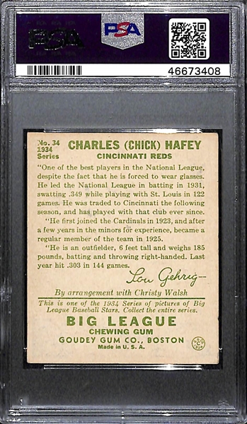1934 Goudey Chick Hafey (HOF) #34 PSA 4 (Autograph Grade 7) - Only 1 Graded Higher, d. 1973