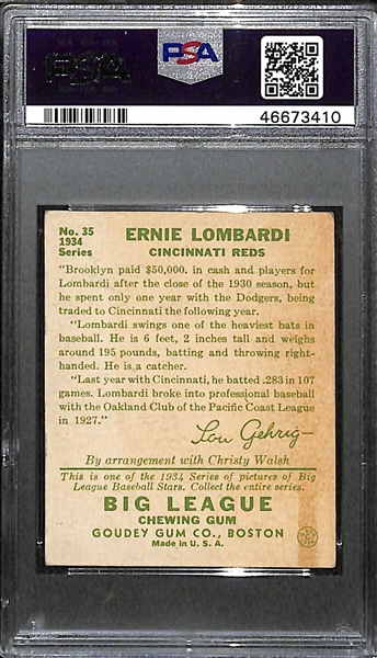 1934 Goudey Ernie Lombardi (HOF) #35 PSA 3 (Autograph Grade 7) - 4 Graded Higher, d. 1977