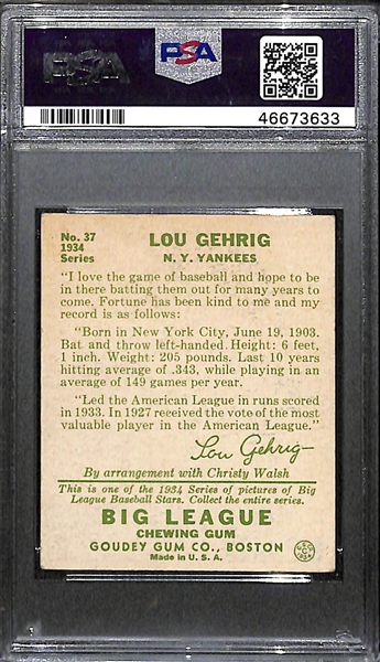 1934 Goudey Lou Gehrig (HOF) #37 PSA 2.5 (Autograph Grade 7) - Pop 1 (Only 4 PSA Exist - Others Authentic), d. 1941 - Includes JSA LOA