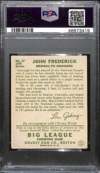 Rare (1/1) 1934 Goudey Johnny Frederick #47 PSA 5 (Autograph Grade 7) - ONLY ONE PSA GRADED - Pop 1, d. 1977