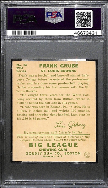 RARE (1/1) 1934 Goudey Frank Grube #64 PSA 4.5 (Autograph Grade 6) - ONLY ONE PSA GRADED - Pop 1, d. 1945