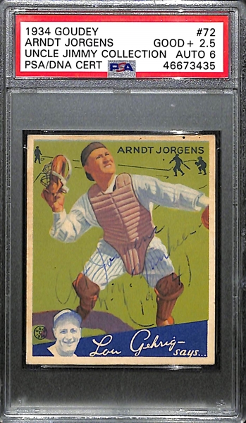 RARE (1/1) 1934 Goudey Arndt Jorgens #72 PSA 2.5 (Autograph Grade 6) - ONLY ONE PSA GRADED - Pop 1, d. 1980