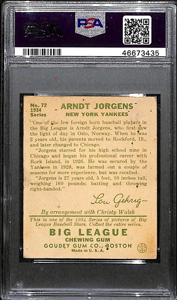 RARE (1/1) 1934 Goudey Arndt Jorgens #72 PSA 2.5 (Autograph Grade 6) - ONLY ONE PSA GRADED - Pop 1, d. 1980