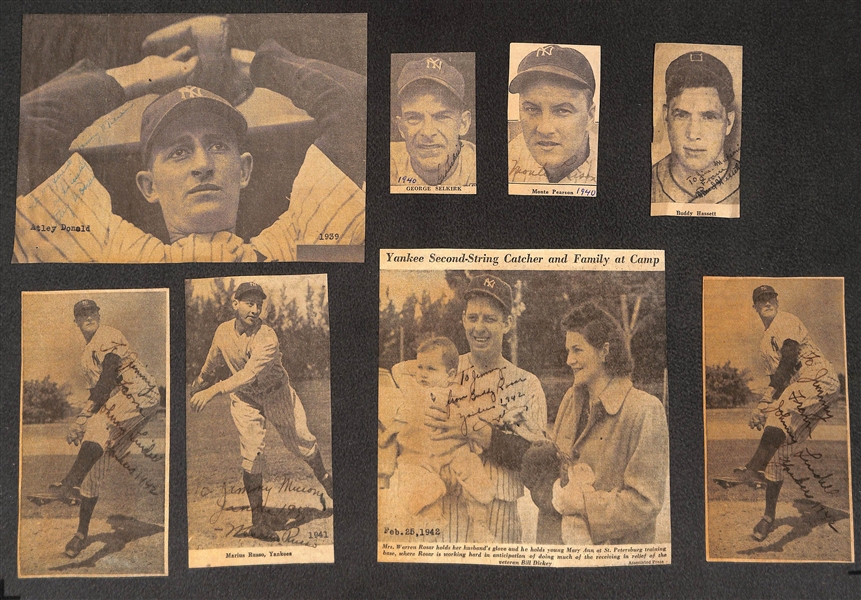 Lot of (14) Signed 1940s-50s Newpaper Clipping - Yankees Inc. Hassett, Selkirk, Lindell, Donald, Russo, Rosar, and Pearson