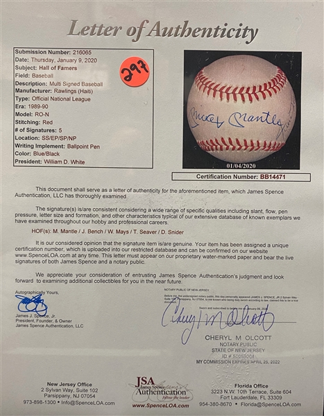 HOFer Signed ONL Baseball - Mickey Mantle, Willie Mays, Duke Snider, Johnny Bench, Tom Seaver (JSA LOA)