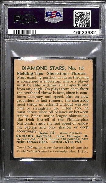 1934 Diamond Stars Dick Bartell #15 PSA 4 (Autograph Grade 7) - Only 1 Other Example Exists