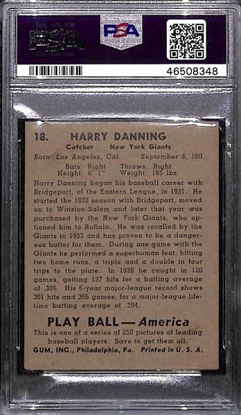 1939 Play Ball Harry Danning #18 PSA 4.5 (Autograph Grade 8) - Pop 1 (Only 5 PSA Graded)