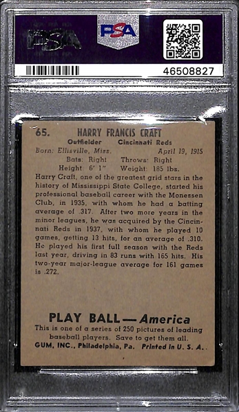 Rare (1/1) 1939 Play Ball Harry Craft #65 PSA 4 (Autograph Grade 9) - ONLY ONE EXISTS - Pop 1.