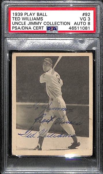 1939 Play Ball Ted Williams #92 PSA 3 (Autograph Grade 8) - Only 2 PSA Examples Graded Higher!  11 Total PSA Examples. 