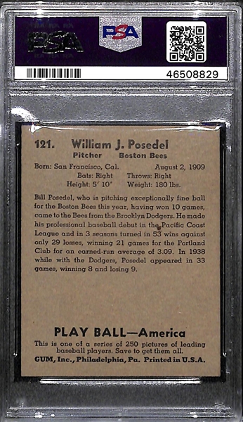 RARE (1/1) 1939 Play Ball Bill Posedel #121 PSA 5 (Autograph Grade 8) - ONLY ONE EVER PSA/DNA GRADED - Pop 1