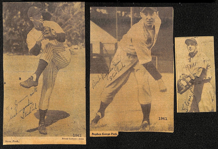 Lot of (5) Signed Baseball Newspaper Clippings from Uncle Jimmy Scrapbook (3 Steve Peek, George Washburn, Norman Branch) - JSA Auction LOA