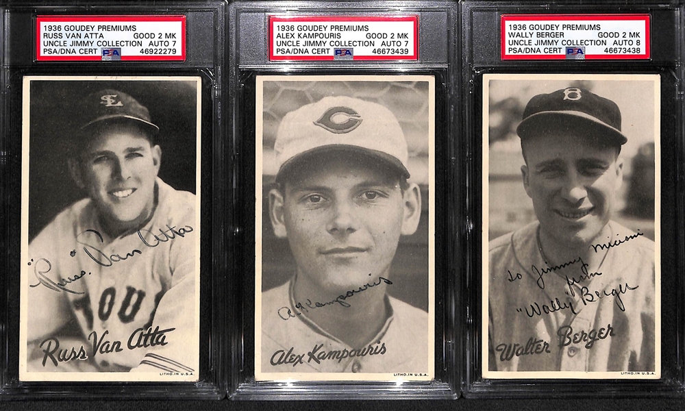Lot of 3 PSA Graded Signed 1936 Goudey Premiums - Russ Van Atta, Alex Kampouris, Wally Berger