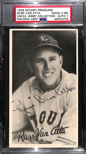Lot of 3 PSA Graded Signed 1936 Goudey Premiums - Russ Van Atta, Alex Kampouris, Wally Berger