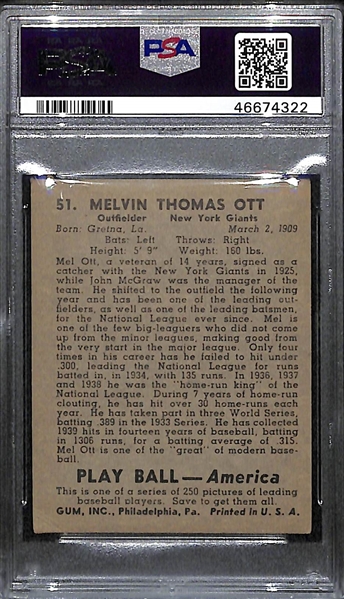 1939 Play Ball Mel Ott #51 Graded PSA 3