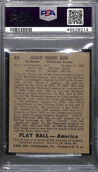 1939 Play Ball Chuck Klein #82 Graded PSA 6