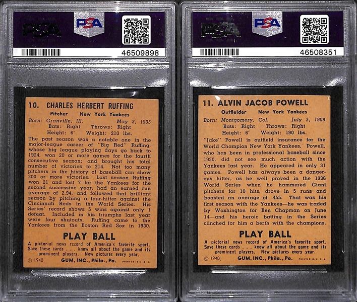 Lot of 2 - 1940 Play Ball Red Ruffing #10 PSA Authentic (Autograph Grade 7) & 1940 Play Ball Jake Powell PSA Authentic (Autograph Grade 9)