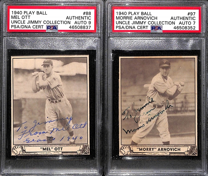 Lot of 2 - 1940 Play Ball Mel Ott #88 PSA Authentic (Autograph Grade 9) & 1940 Play Ball Morrie Arnovich #97 PSA Authentic (Autograph Grade 7)