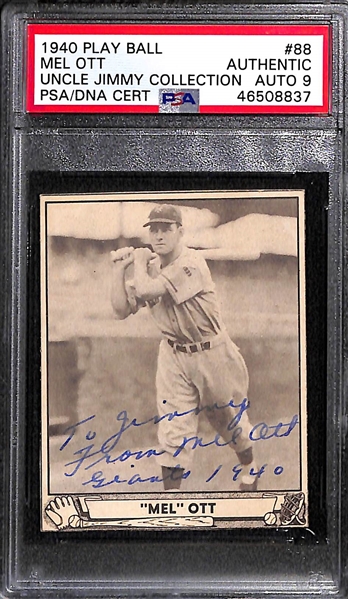 Lot of 2 - 1940 Play Ball Mel Ott #88 PSA Authentic (Autograph Grade 9) & 1940 Play Ball Morrie Arnovich #97 PSA Authentic (Autograph Grade 7)