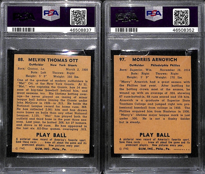 Lot of 2 - 1940 Play Ball Mel Ott #88 PSA Authentic (Autograph Grade 9) & 1940 Play Ball Morrie Arnovich #97 PSA Authentic (Autograph Grade 7)