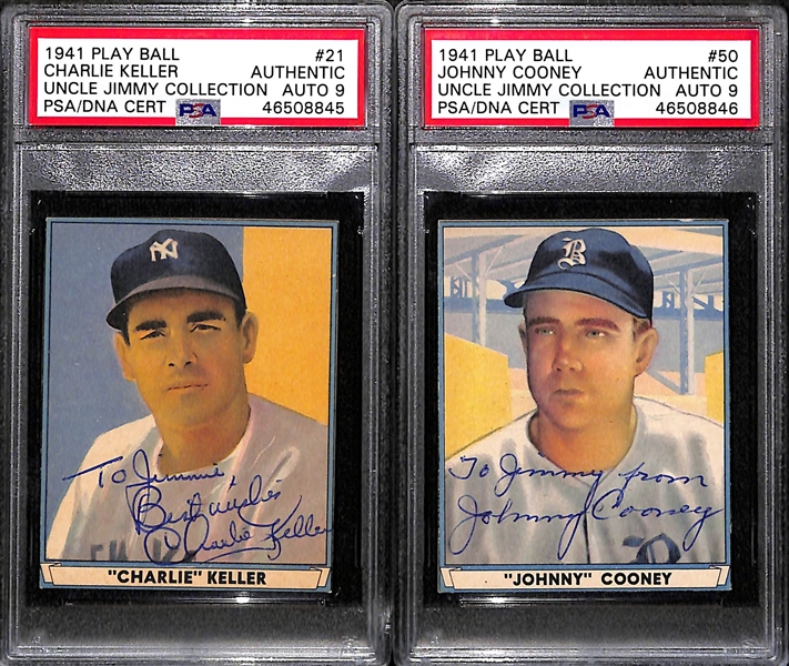 Lot of 2 - 1941 Play Ball Charlie Keller #21 PSA Authentic (Auto Grade 9) & 1941 Play Ball Johnny Cooney #50 PSA Authentic (Auto Grade 9)