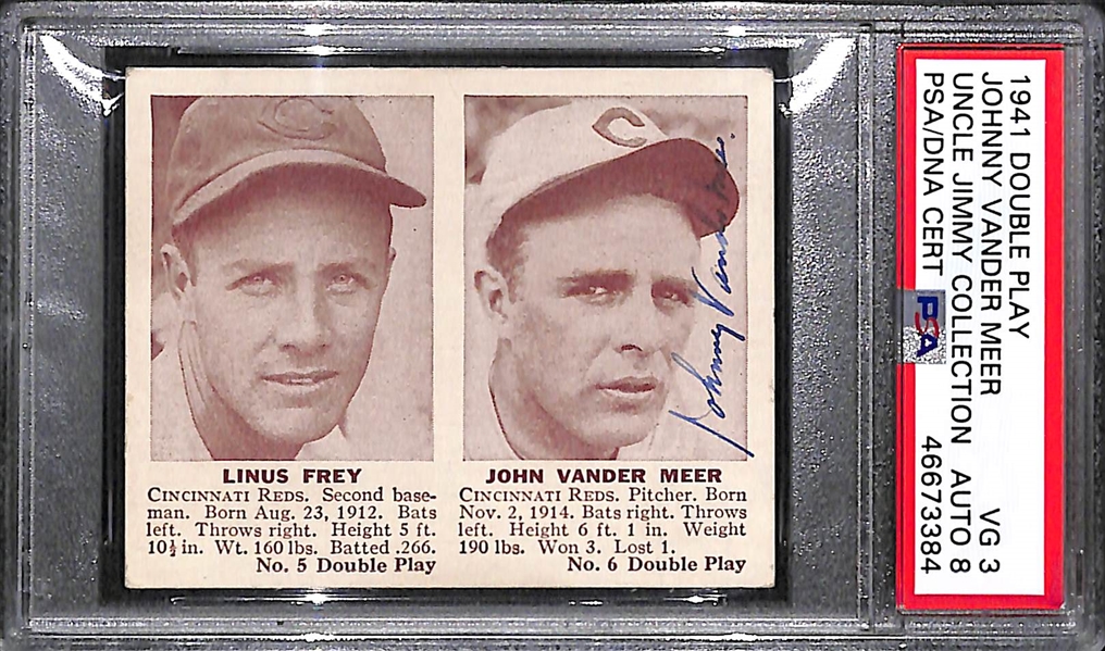 Lot of 2 - 1941 Double Play Johnny Vander Meer PSA 3 (Auto Grade 8) & 1941 Double Play Johnny Cooney PSA 4 (Auto Grade 9)