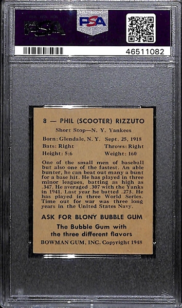 Signed 1948 Bowman Phil Rizzuto Rookie #8 PSA 4 (Autograph Grade 8) - Only 3 PSA Examples Graded Higher