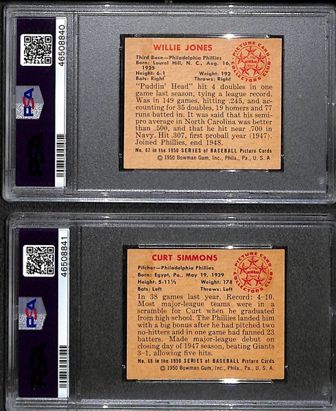 1950 Bowman Willie Jones #67 (Pop 2) PSA 5 (Auto Grade 9) & 1950 Bowman Curt Simmons #68 (Pop 1) PSA 2 (Autograph Grade 8)